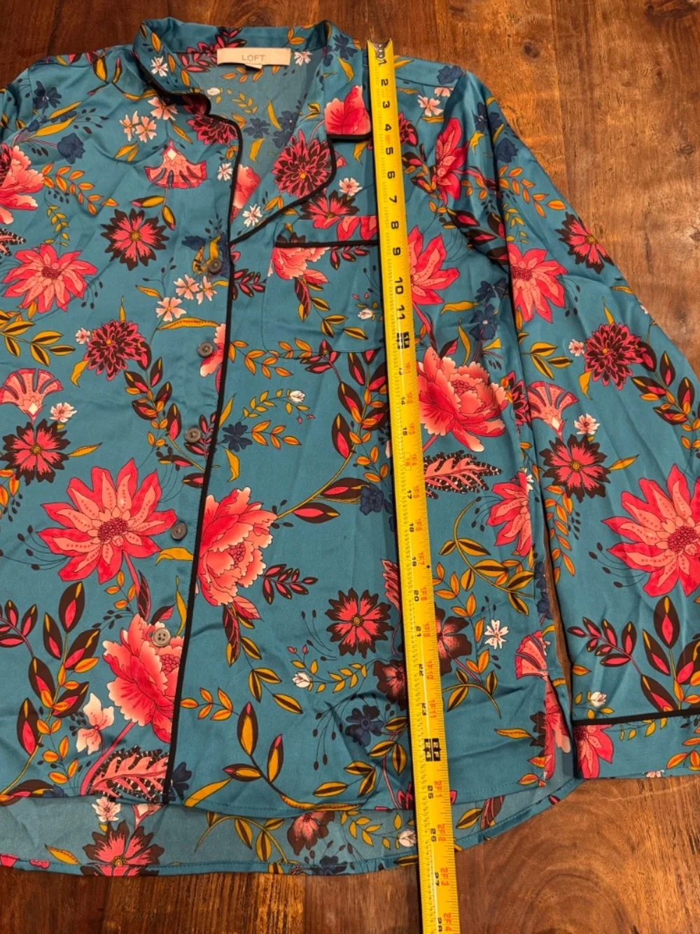 Ann Taylor Loft Satin Pajama Top-Floral-Teal Blue/Pink-Size Small